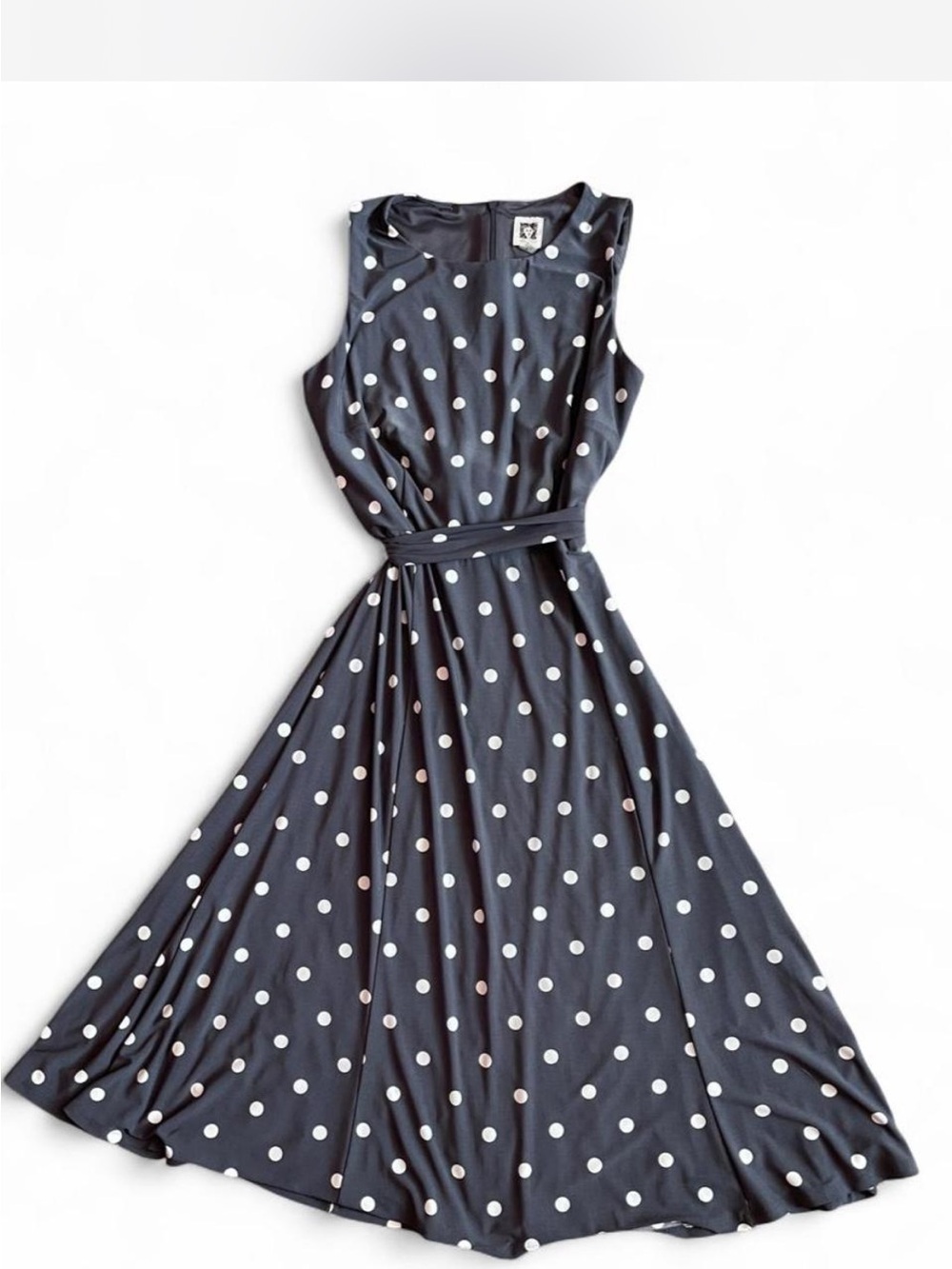 Anne Klein Black Dress with White Polka Dots and Waist Tie